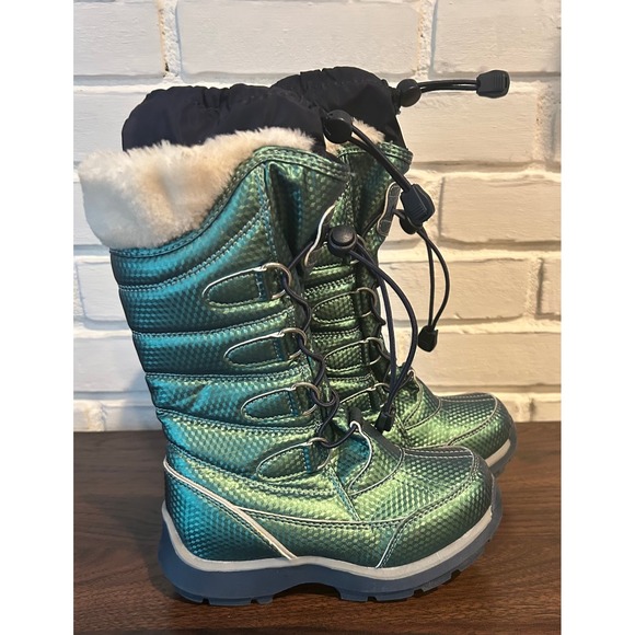 Lands End Kids Snowflake Boots Green Metallic Winter Waterproof Girls Size 11 - Picture 1 of 5